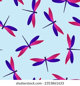 Dragonfly childish seamless pattern. Repeating clothes textile print with darning-needle insects. Garden water dragonfly vector ornament. Wildlife breathers seamless. Damselflies with wings.