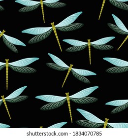 Dragonfly childish seamless pattern. Spring dress textile print with flying adder insects. Close up water dragonfly vector ornament. Wildlife creatures seamless. Damselfly silhouettes.