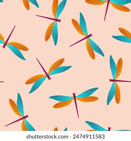 Dragonfly childish seamless pattern. Spring clothes fabric print with darning-needle insects. Close up water dragonfly vector background. Wildlife organisms seamless. Damselfly butterflies.