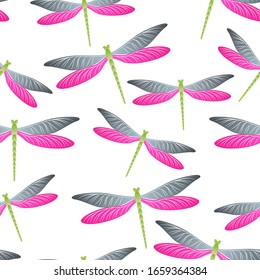 Dragonfly childish seamless pattern. Summer clothes fabric print with darning-needle insects. Graphic water dragonfly vector ornament. Nature creatures seamless. Damselfly butterflies.