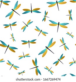 Dragonfly childish seamless pattern. Summer dress textile print with damselfly insects. Isolated water dragonfly vector background. Fauna beings seamless. Damselflies with wings.