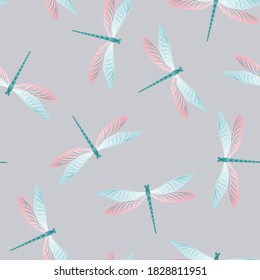 Dragonfly childish seamless pattern. Summer clothes fabric print with damselfly insects. Garden water dragonfly vector background. Fauna beings seamless. Damselfly butterflies.