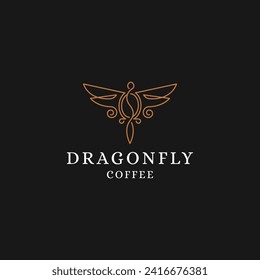 Logo del café con libélula. Dragonfly con una plantilla de diseño de forma de frijol café ilustración plana