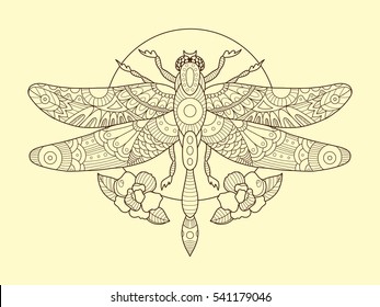 Dragonfly color drawing vector illustration. Tattoo stencil. Lace pattern