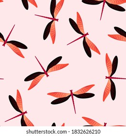 Dragonfly colorful seamless pattern. Repeating clothes fabric print with darning-needle insects. Isolated water dragonfly vector background. Nature beings seamless. Damselfly butterflies.