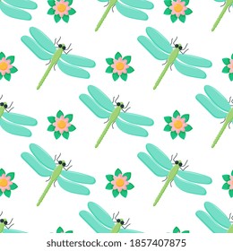 Dragonfly colorful seamless pattern. Repeating dress textile print with damselfly insects. Close up water dragonfly