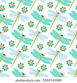 Dragonfly colorful seamless pattern. Repeating dress textile print with damselfly insects. Close up water dragonfly