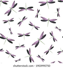 Dragonfly colorful seamless pattern. Repeating clothes textile print with damselfly insects. Flying water dragonfly vector wallpaper. Wildlife organisms seamless. Damselfly bugs.