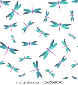 Dragonfly colorful seamless pattern. Spring dress fabric print with flying adder insects. Graphic water dragonfly vector background. Fauna breathers seamless. Damselfly butterflies.