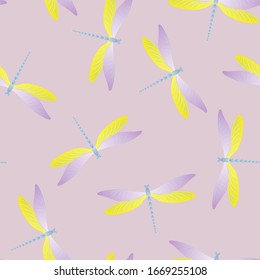 Dragonfly colorful seamless pattern. Spring dress fabric print with darning-needle insects. Garden water dragonfly vector illustration. Nature beings seamless. Damselfly bugs.