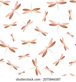 Dragonfly colorful seamless pattern. Spring dress fabric print with damselfly insects. Garden water dragonfly vector ornament. Wildlife breathers seamless. Damselflies with wings.