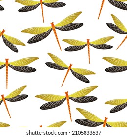 Dragonfly colorful seamless pattern. Spring dress fabric print with darning-needle insects. Garden water dragonfly vector ornament. Fauna breathers seamless. Damselfly silhouettes.