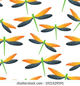 Dragonfly colorful seamless pattern. Summer clothes textile print with damselfly insects. Close up water dragonfly vector ornament. Wildlife beings seamless. Damselfly silhouettes.