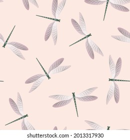 Patrón incoloro de la libélula. Papel de ropa de verano impreso con insectos de aguja. Papel de pared vectorial de la libélula de agua. Los organismos de la vida silvestre no tienen fisuras. Peros de Damselfly.