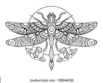 Dragonfly coloring book for adults vector illustration. Anti-stress coloring for adult. Tattoo stencil. Zentangle style. Black and white lines. Lace pattern