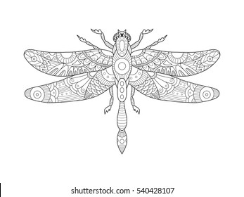 Dragonfly coloring book for adults vector illustration. Anti-stress coloring for adult. Tattoo stencil. Zentangle style. Black and white lines. Lace pattern