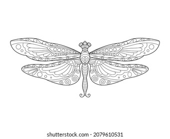 Dragonfly coloring page. Black and white line art. Coloring book for adults.