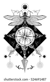 Dragonfly, compass crossed arrows tattoo. Mystical symbols traveler, dreamer. Occult and astrological zodiac signs. Boho style, adventure, travel, t-shirt design 