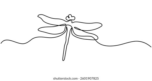Dragonfly continuous one line art drawing of outline vector illustration, Dragonfly continuous one line drawing, Continuous one line drawing. Flying dragonfly logo. Black and white vector illustration