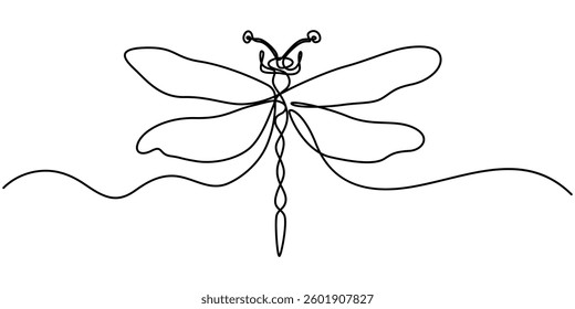 Dragonfly continuous one line art drawing of outline vector illustration, Dragonfly continuous one line drawing, Continuous one line drawing. Flying dragonfly logo. Black and white vector illustration