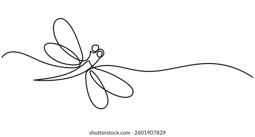 Dragonfly continuous one line art drawing of outline vector illustration, Dragonfly continuous one line drawing, Continuous one line drawing. Flying dragonfly logo. Black and white vector illustration