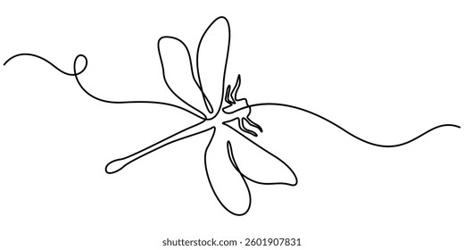Dragonfly continuous one line art drawing of outline vector illustration, Dragonfly continuous one line drawing, Continuous one line drawing. Flying dragonfly logo. Black and white vector illustration
