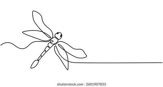 Dragonfly continuous one line art drawing of outline vector illustration, Dragonfly continuous one line drawing, Continuous one line drawing. Flying dragonfly logo. Black and white vector illustration