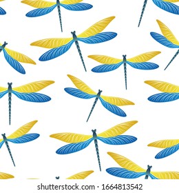 Dragonfly cool seamless pattern. Repeating dress fabric print with darning-needle insects. Flying water dragonfly vector ornament. Nature beings seamless. Damselfly butterflies.