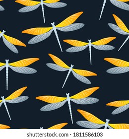 Dragonfly cool seamless pattern. Repeating clothes fabric print with flying adder insects. Flying water dragonfly vector background. Fauna breathers seamless. Damselflies with wings.
