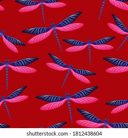 Dragonfly cool seamless pattern. Spring dress textile print with damselfly insects. Isolated water dragonfly vector background. Fauna breathers seamless. Damselflies with wings.