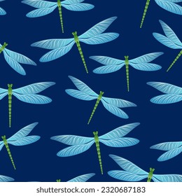 Dragonfly cool seamless pattern. Spring clothes textile print with flying adder insects. Close up water dragonfly vector background. Fauna breathers seamless. Damselfly bugs.