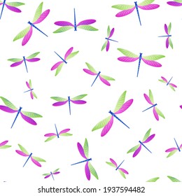 Dragonfly cool seamless pattern. Summer dress textile print with darning-needle insects. Isolated water dragonfly vector wallpaper. Wildlife organisms seamless. Damselfly butterflies.