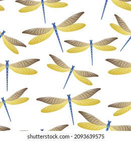 Dragonfly cool seamless pattern. Summer dress textile print with damselfly insects. Flying water dragonfly vector background. Wildlife beings seamless. Damselflies with wings.