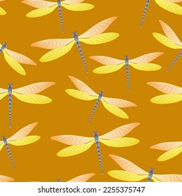 Dragonfly cool seamless pattern. Summer clothes fabric print with darning-needle insects. Graphic water dragonfly vector illustration. Fauna organisms seamless. Damselflies with wings.