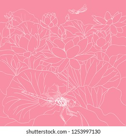 Dragonfly crouched on a bud, amid blooming lotuses. Outline pattern for the background. Pink color