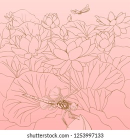 Dragonfly crouched on a bud, amid blooming lotuses. Outline pattern for the background. Light pink color