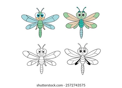 Dragonfly With Cute Face Vector Illustration Set, insect, drawing