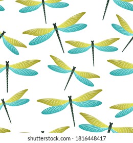 Dragonfly cute seamless pattern. Repeating clothes fabric print with damselfly insects. Garden water dragonfly vector ornament. Fauna breathers seamless. Damselfly butterflies.