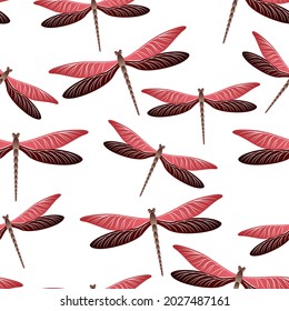 Dragonfly cute seamless pattern. Repeating clothes textile print with flying adder insects. Close up water dragonfly vector illustration. Fauna creatures seamless. Damselfly bugs.