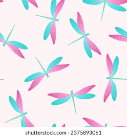 Dragonfly cute seamless pattern. Repeating clothes fabric print with flying adder insects. Garden water dragonfly vector illustration. Fauna creatures seamless. Damselfly silhouettes.