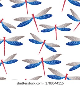 Dragonfly cute seamless pattern. Spring clothes textile print with flying adder insects. Flying water dragonfly vector background. Wildlife beings seamless. Damselflies with wings.
