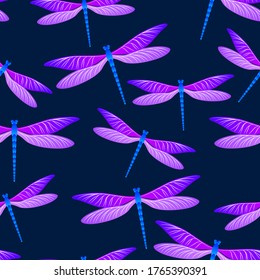 Dragonfly cute seamless pattern. Summer clothes fabric print with damselfly insects. Close up water dragonfly vector ornament. Wildlife creatures seamless. Damselfly bugs.