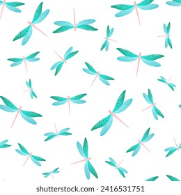 Dragonfly cute seamless pattern. Summer dress textile print with flying adder insects. Graphic water dragonfly vector background. Fauna creatures seamless. Damselfly bugs.