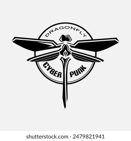 Dragonfly cyber minimalist logo. Simple futuristic vector design. Isolated with soft background.