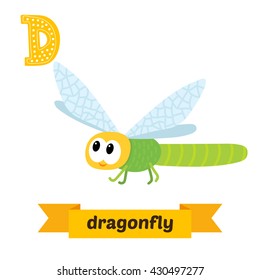 Dragonfly. D letter. Cute children animal alphabet in vector. Funny cartoon animals. Vector illustration