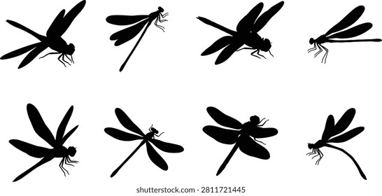Dragonfly and damselfly silhouette icon set featuring flying insects isolated on white background for nature educational and commercial designs.