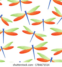 Dragonfly decorative seamless pattern. Repeating dress textile print with darning-needle insects. Isolated water dragonfly vector ornament. Fauna creatures seamless. Damselflies with wings.