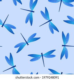 Dragonfly decorative seamless pattern. Repeating clothes textile print with damselfly insects. Close up water dragonfly vector background. Fauna breathers seamless. Damselfly silhouettes.