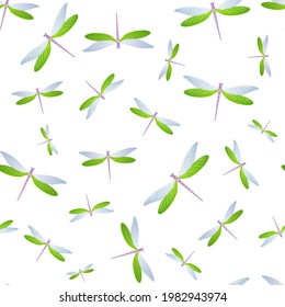 Dragonfly decorative seamless pattern. Repeating clothes textile print with flying adder insects. Isolated water dragonfly vector wallpaper. Nature organisms seamless. Damselfly silhouettes.
