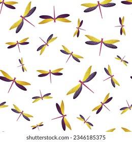 Dragonfly decorative seamless pattern. Repeating dress fabric print with damselfly insects. Garden water dragonfly vector background. Nature breathers seamless. Damselfly silhouettes.